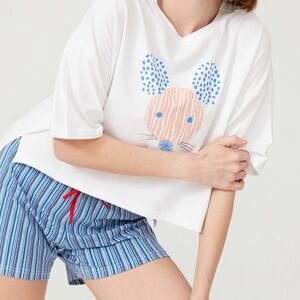 NWT Turkish Cotton Striped Short Pajama Set, Cute Mouse Print Summer Loungewear